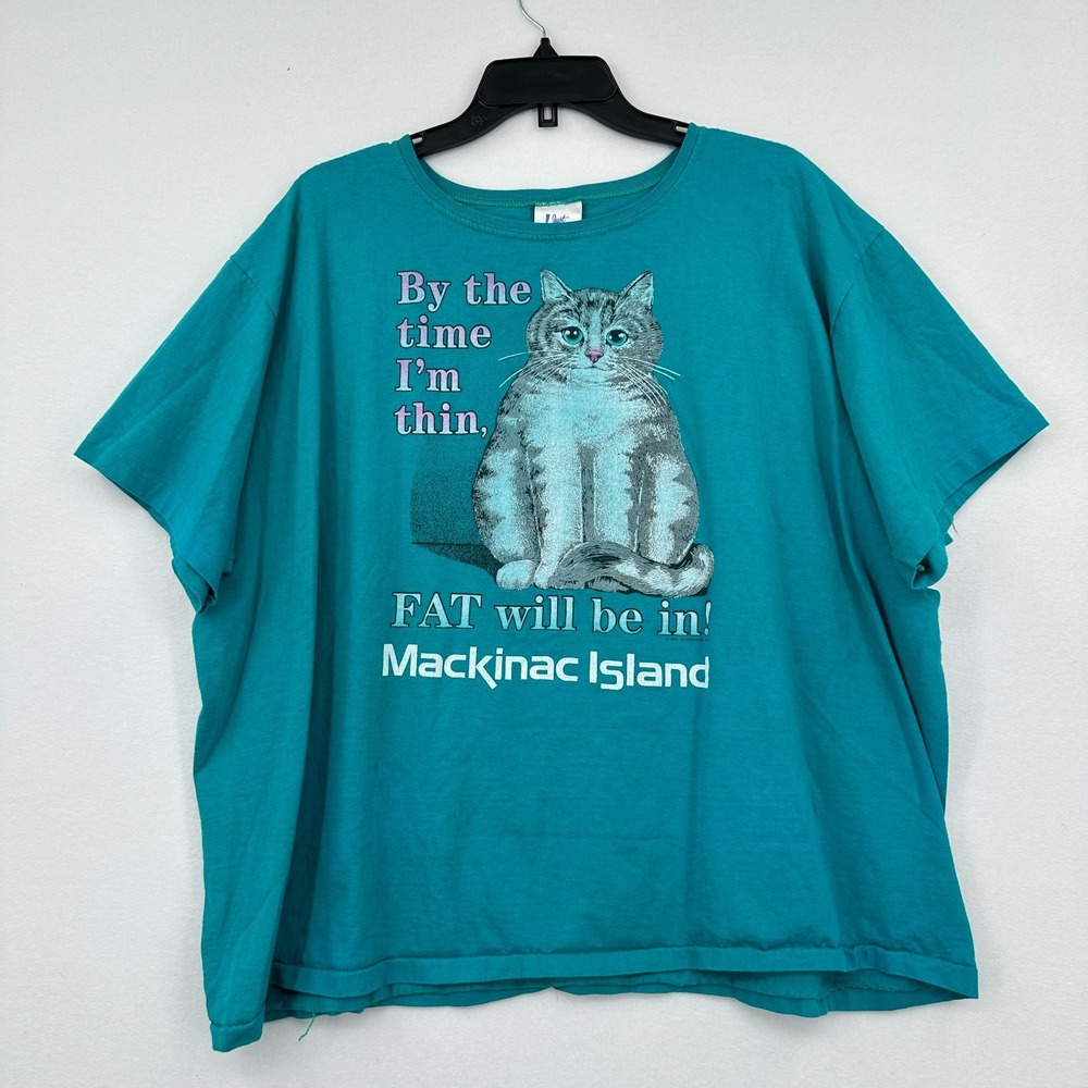 Vtg Fat Cat Mackinac Island Just My Size T-Shirt Kitty Cat Womens 2XL Blue